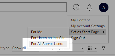 Menu para definir a página inicial para todos os usuários do servidor.
