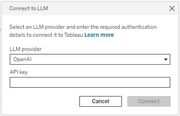 Caixa de diálogo Tableau Agent no Tableau Server - Conecte-se à OpenAI.