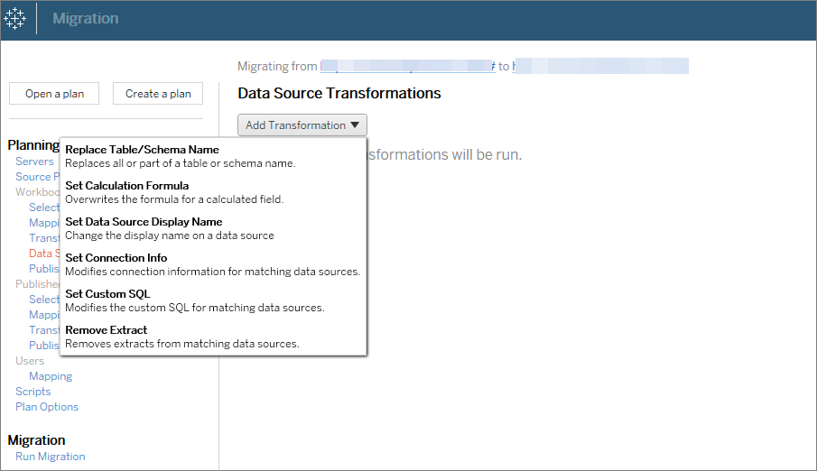 O menu suspenso Adicionar transformação para transformações de fonte de dados.