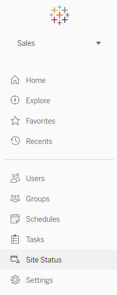 Um menu com opções para Início, Explorar, Favoritos, Recentes, Usuários, Grupos, Agendamentos, Tarefas, Status do servidor e Configurações.