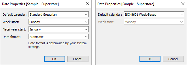 Fönstret Datumegenskaper som visar alternativ för att konfigurera datum, som standardtyp för kalender, dag för veckostart, räkenskapsårets startmånad och datumformat.