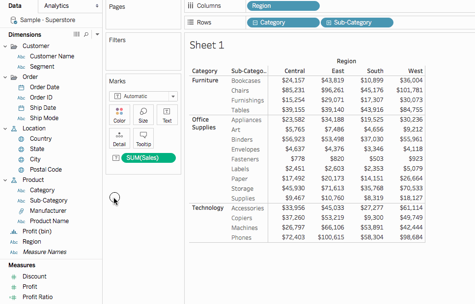 Dra slutsummor för kolumner och rader till ett textdiagram i Tableau.