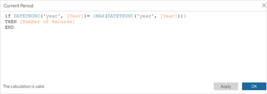 Ett beräknat fält som lyder: If DATETRUNC ('year', [År])= {MAX(DATETRUNC('year', [År]))} THEN [Antal poster] END