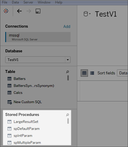 En lista över lagrade procedurer som finns i rutan Data.