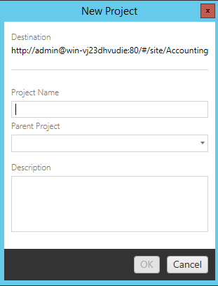 Ett formulär för att skapa ett nytt projekt med fälten Mål, Projektnamn, Överordnat projekt och Beskrivning.