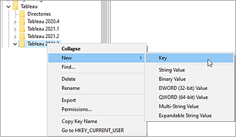 เมนูเวอร์ชัน Tableau แสดงตัวเลือกในการสร้างคีย์ใหม่