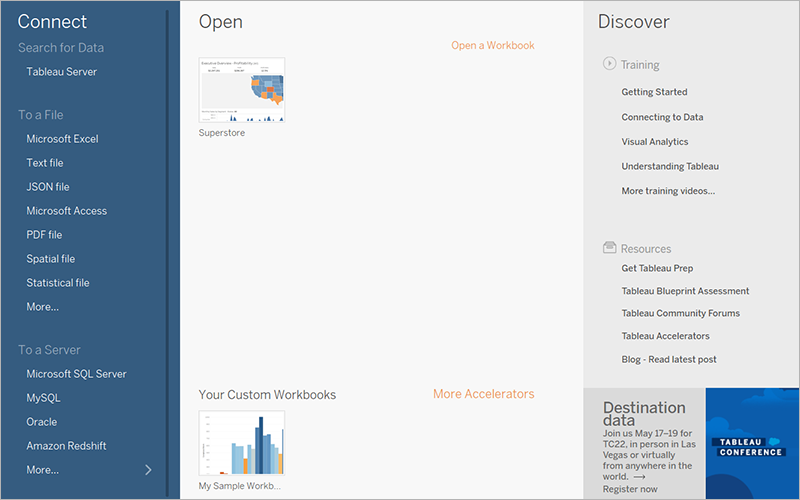 หน้าการเชื่อมต่อ Tableau พร้อมเวิร์กบุ๊กที่กำหนดเอง