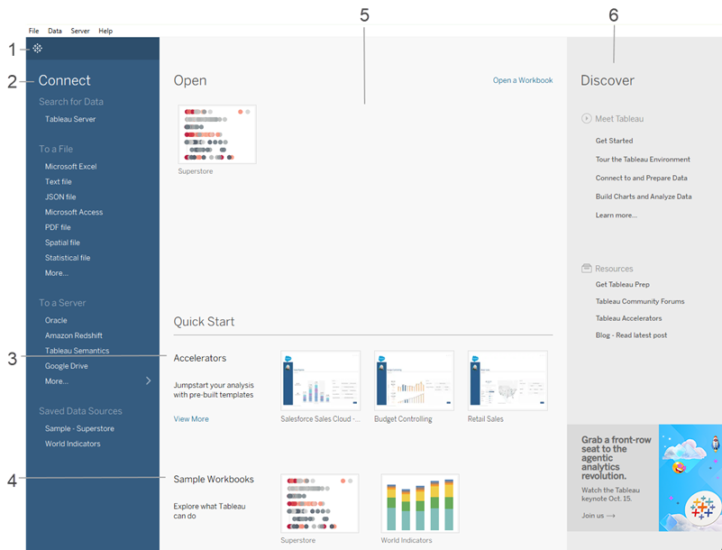 หน้าเริ่มต้นของ Tableau
