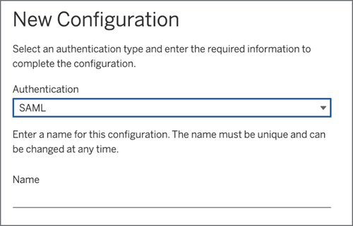 ภาพหน้าจอของหน้าการตั้งค่าการตรวจสอบสิทธิ์เว็บไซต์ Tableau Cloud -- หน้าการกำหนดค่าใหม่