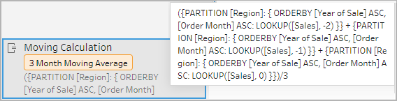 แผงการเปลี่ยนแปลงที่แสดงสูตรสำหรับค่าเฉลี่ยเคลื่อนที่สามเดือนที่ Tableau Prep สร้างขึ้น