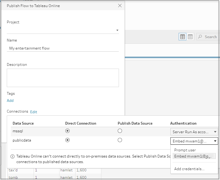 กล่องโต้ตอบเผยแพร่โฟลว์ไปยัง Tableau Online ที่แสดงกล่องโต้ตอบการเชื่อมต่อพร้อมข้อมูลเข้าสู่ระบบที่เพิ่มเข้ามาใหม่