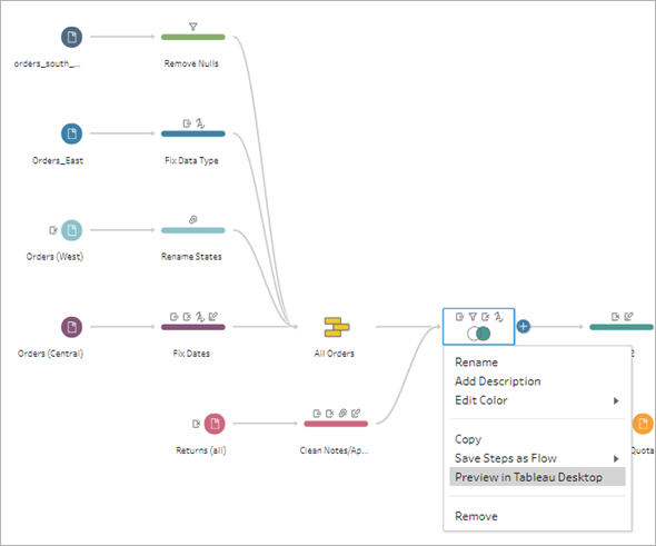 แผนภาพโฟลว์ข้อมูลโดยเลือกตัวเลือกดูตัวอย่างใน Tableau Desktop