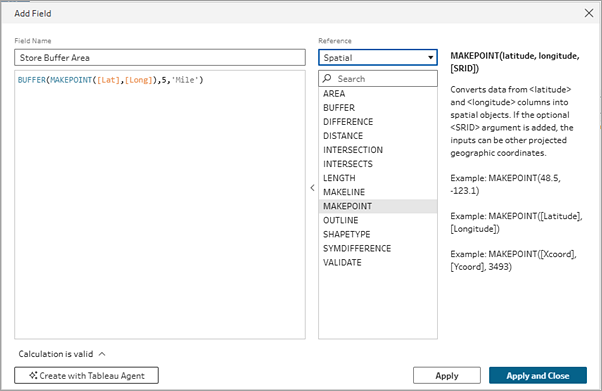 เครื่องมือแก้ไขการคํานวณ Tableau Prep แสดงฟังก์ชันเชิงพื้นที่ BUFFER และตัวอย่างไวยากรณ์
