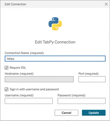 กล่องโต้ตอบแก้ไขการเชื่อมต่อสำหรับ tabpy