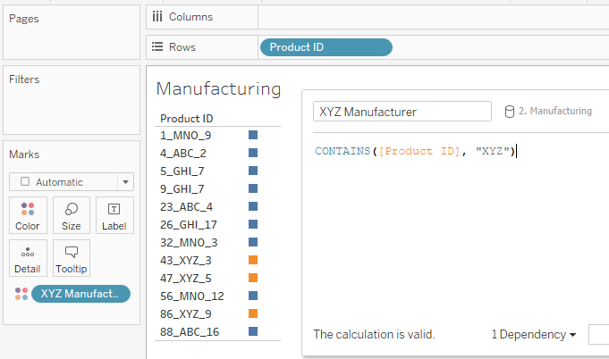 การแสดงเป็นภาพที่มี ID ผลิตภัณฑ์บนแถวและฟิลด์การผลิต XYZ ที่คำนวณบนสี