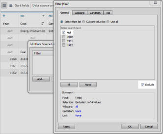 กล่องโต้ตอบตัวกรองจะแสดงกล่องกาเครื่องหมายสำหรับค่า null และยกเว้น