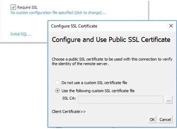กำหนดค่ากล่องโต้ตอบใบรับรอง SSL พร้อมข้อความแจ้งให้เลือกใบรับรอง SSL สาธารณะ 