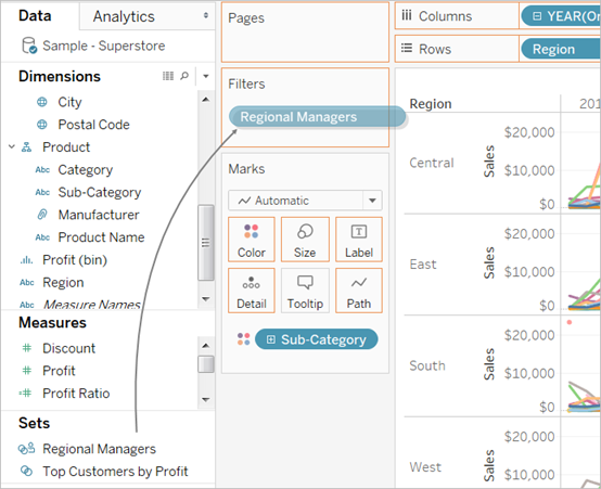 เวิร์กชีต Tableau ที่มีการเพิ่มฟิลด์ผู้จัดการระดับภูมิภาคในการ์ดตัวกรอง