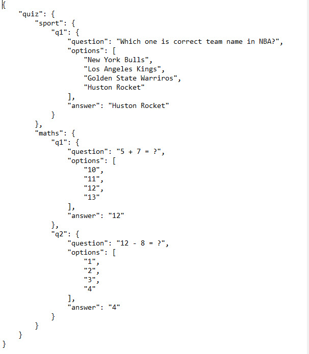 ตัวอย่างโค้ด JSON ที่แสดงแบบทดสอบที่มีคำถามเกี่ยวกับกีฬาและคณิตศาสตร์