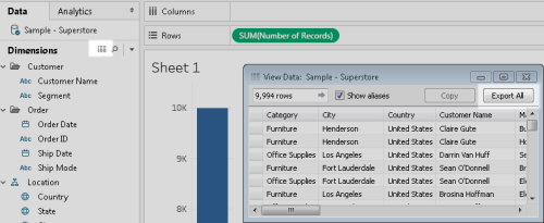 ฟังก์ชันการส่งออกข้อมูลใน Tableau