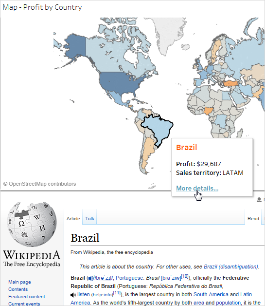 แดชบอร์ดพร้อมลิงก์ไปยังหน้าเว็บที่ไปยังรายการ Wikipedia เกี่ยวกับบราซิล