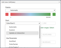 กล่องโต้ตอบ “แก้ไขสี” พร้อมตัวเลือกในการตั้งค่าจุดเริ่มต้น จุดศูนย์กลาง และจุดสิ้นสุดเพื่ออัปเดตเมื่อมีการโต้ตอบ