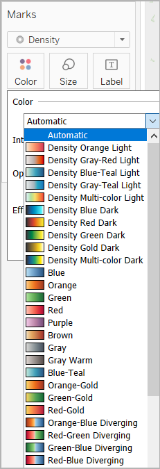 รายการดรอปดาวน์ของจานสีที่แสดงจานสีความหนาแน่น