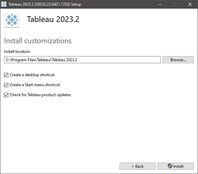 Tableau 2023.2 安装窗口显示自定义安装选项。