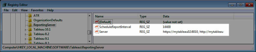 注册表编辑器中的 Server 和Schedule Report Interval 项。