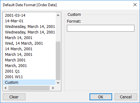 默认日期格式窗口，包含各种日期格式选项以及选定的自定义选项。