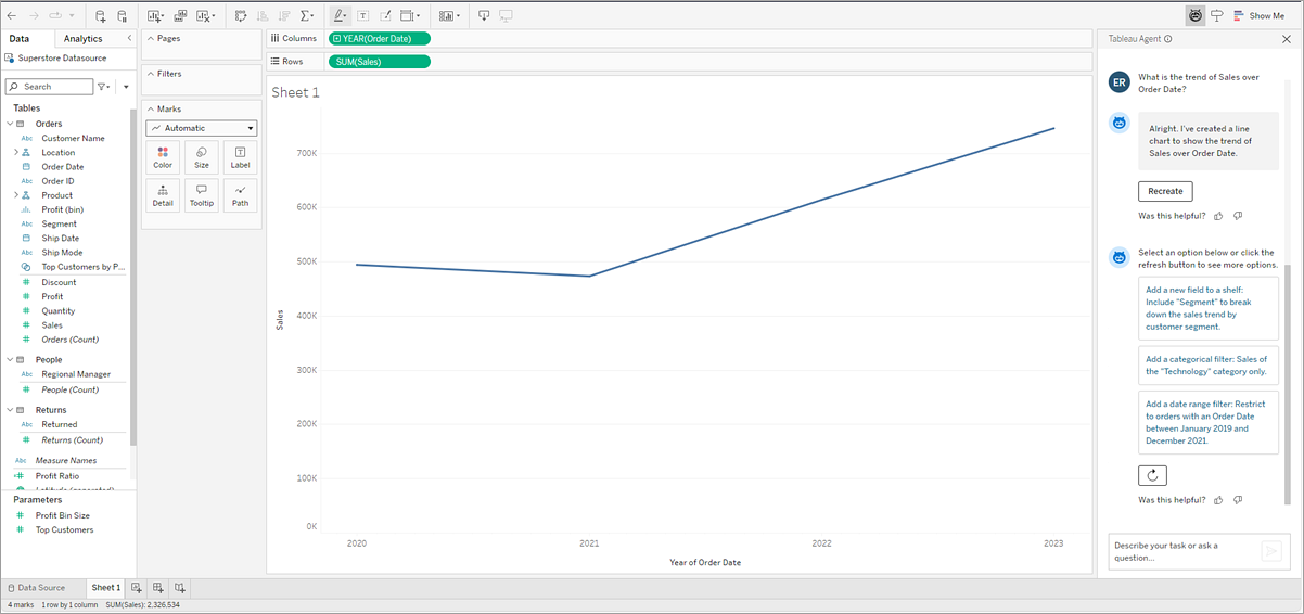 打开了 Tableau Agent 窗格的可视化项，显示了后续分析步骤的建议。 