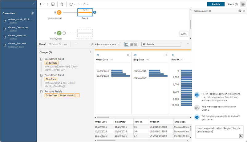 显示带有计算请求的 Tableau Agent 的 Tableau Prep 流程。