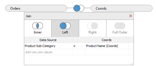 在“Product Sub-Category”(产品子类)和“Product Name (Coords)”(产品名称(坐标))上具有左联接的联接表。