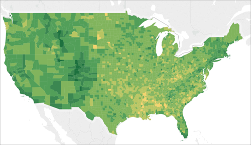 美国地图，各州以各种色调的绿色和黄色进行标记。