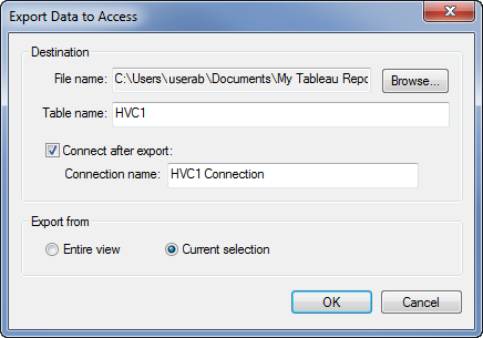 带有用于将数据导出到 Access 的字段的对话框。