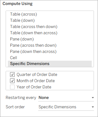 表计算窗口的“计算依据”部分，其中选择了特定维度