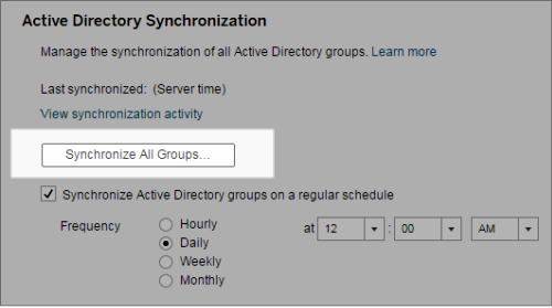 带有复选框的 Active Directory 同步屏幕，用于定期同步 Active Directory 组。