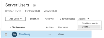 用于在 Tableau Server 上删除用户的表单。