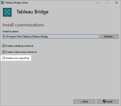 Tableau Bridge 安裝螢幕，其中包含用於建立桌面捷徑和啟用錯誤報告的選項。