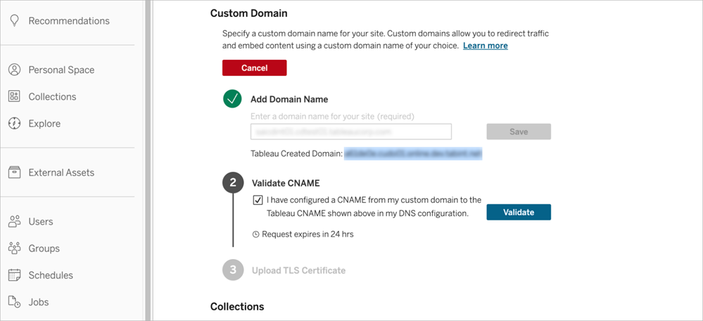 自訂網域設定介面，顯示已完成的網域名稱步驟和有效的 CNAME 驗證步驟。