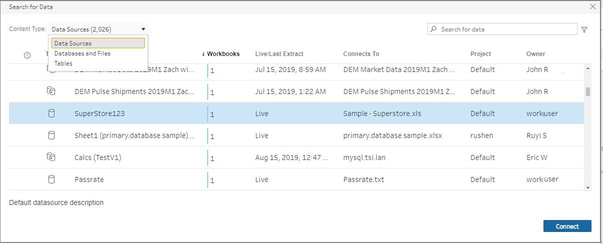 搜尋資料窗格，其中選取資料來源內容類型。