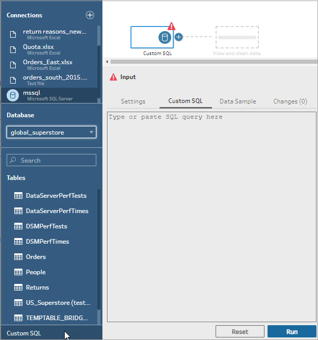 Tableau Prep 流程輸入步驟中的自訂 SQL 索引標簽，您可以在其中輸入 SQL 查詢來連線到資料。