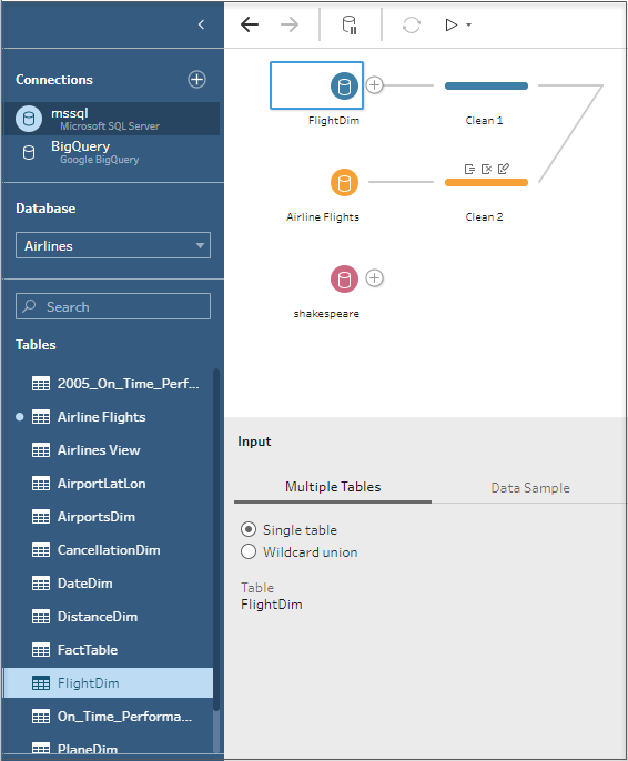 Tableau Prep 流程,左側是資料庫連線,右側是資料轉換步驟。