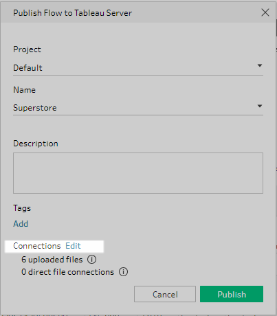用於將流程發佈到 Tableau Server 的表單。