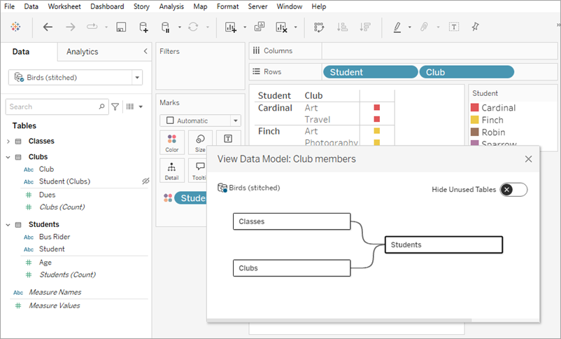 開啟「檢視資料模型」對話方塊的 Tableau 製作 UI