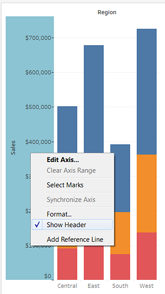 按地區顯示銷售數據的堆疊長條圖。選取了「顯示標頭」選項的內容功能表。