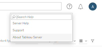 包含搜尋說明、伺服器說明、支援和關於 Tableau Server 選項的下拉式功能表。