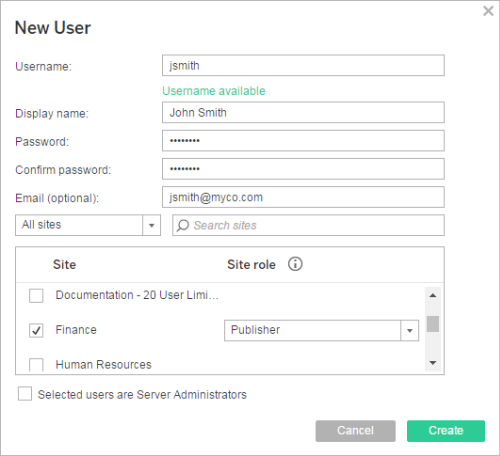 在 Tableau Server 表單上新增使用者。