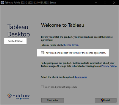 Das Setup-Fenster für Tableau Desktop Public Edition mit einer Aufforderung, den Lizenzbedingungen zuzustimmen.
