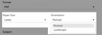 Ein Menü im PDF-Format mit Dropdown-Listen für Papiergröße und Ausrichtung.